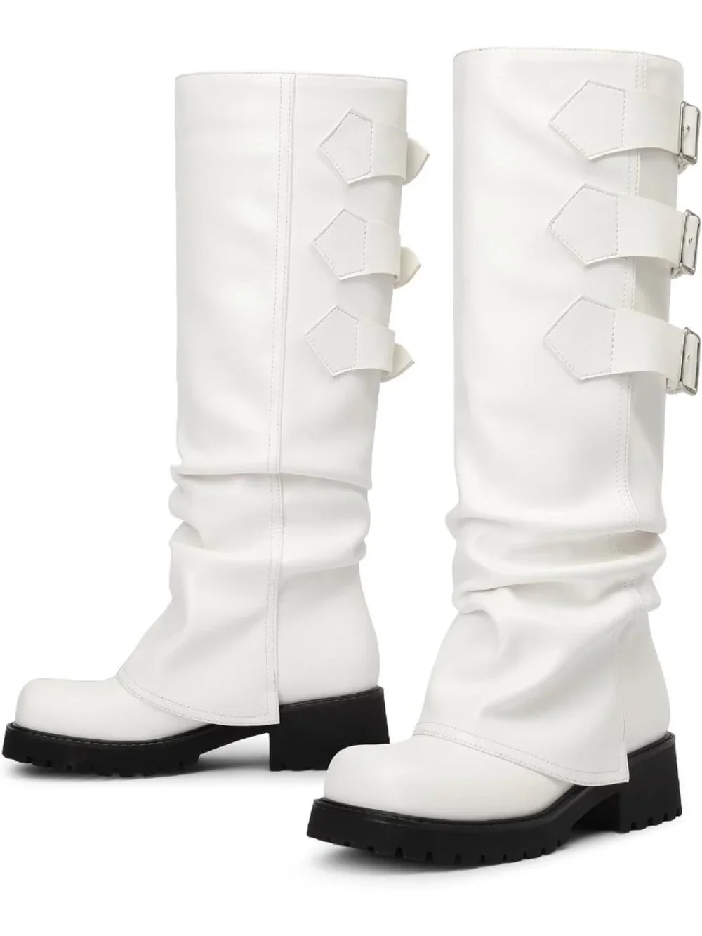 Women's White Block Heeled Square Toe Fold Over Knee High Moto Riding Boots
